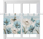 Spring Floral Kitchen Curtains 24 Inch Length, Small Window Curtains Tab Top, Vintage Tulips Flower Butterfly Retro Wood Blue Light Filtering Short Window Treatments Tier Drapes 27.5"x24" 2 Panel