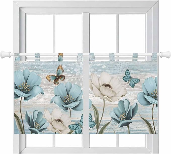 Spring Floral Kitchen Curtains 36 Inch Length, Small Window Curtains Tab Top, Vintage Tulips Flower Butterfly Retro Wood Blue Light Filtering Short Window Treatments Tier Drapes 27.5"x36" 2 Panel