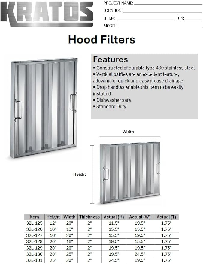 Kratos Commercial Hood Filter 25"(H) x 20"(W) x 2"(T), Stainless Steel (32L-131)