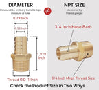 2pcs Brass Hose Barb Fitting, 3/4" Barb x 3/4" NPT Male, Adapter – Correct Thread for 1" OD, Brass Barbed Air Hose Repair Connector