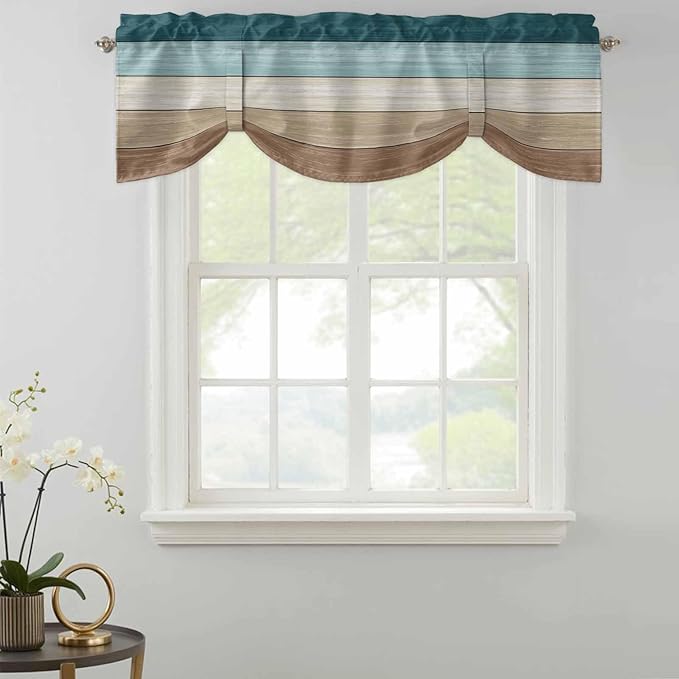 Teal Brown Tie Up Valance Curtains for Windows, Kitchen Curtains Window Shades, Farmhouse Vintage Abstract Wooden Grain Light Filtering Roman Curtain Valances for Bedroom/Bathroom/Cafe 60"x18"
