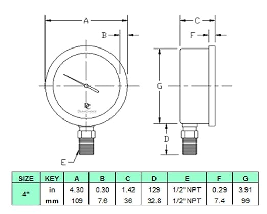 4" Oil Filled Pressure Gauge - Stainless Steel Case, Brass, 1/2" NPT, Lower Mount Connection, 0-5,000PSI