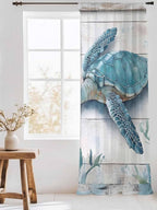 Sheer Curtains 96 Inches Long, Teal Green Sea Turtle Semi Sheer Curtains Light Filtering Window Treatment, Summer Ocean Seaweed Wood Grain Privacy Voile Drapes for Living Room Bedroom 52x96 Inch