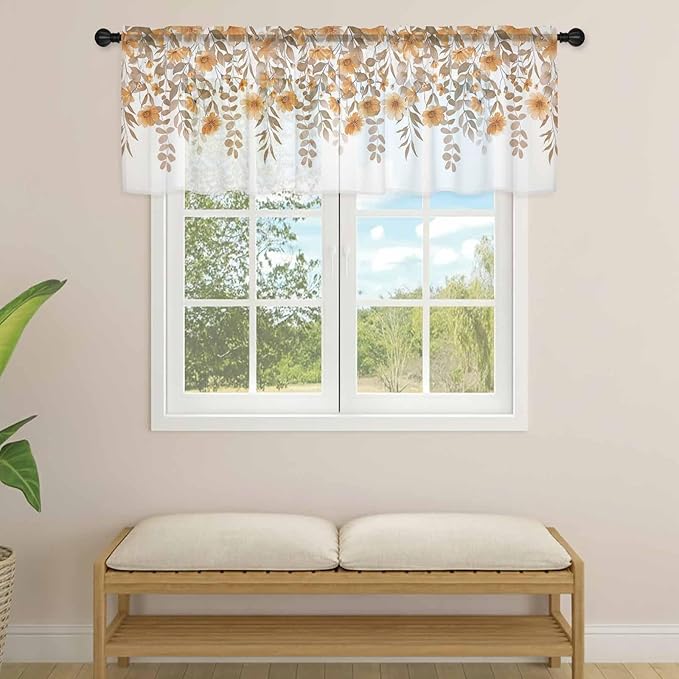 Spring Summer Flowers Sheer Valance Curtains, Vintage Watercolor Orange Floral Leaf Plant Light Filtering Kitchen Valances Rod Pocket Voile Curtain Treatment for Bedroom/Living Room/Basement 42Wx18L