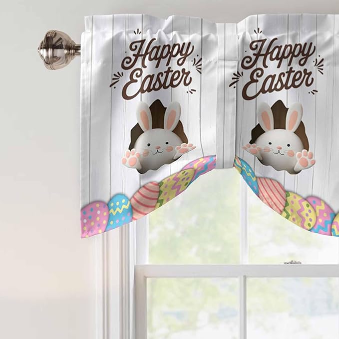 Grey Easter Tie Up Valance Curtains for Windows, Kitchen Curtains Window Shades, Spring Cartoon Bunny Colorful Eggs Wood Grain Light Filtering Roman Curtain Valances for Bedroom/Bathroom/Cafe 54"x18"