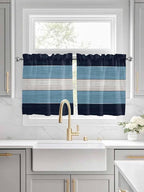 Vintage Country Woodcuts Window Valance Curtains, Blue Gradient Striped Light Filtering Kitchen Valance with 3-inch Rod Pocket for Living Room Bathroom Bedroom,2 Panel,27.5x36In