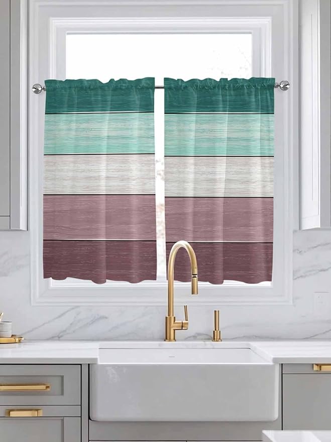 Retro Farm Woodcuts Texture Window Valance Curtains, Green Brown Gradient Light Filtering Kitchen Valance with 3-inch Rod Pocket for Living Room Bathroom Bedroom,2 Panel,42x45In