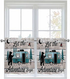 Farmhouse Bear Camper Van Tree Window Valance Curtains, Vintage Wood Grain Light Filtering Kitchen Valance with 3-inch Rod Pocket for Living Room Bathroom Bedroom,2 Panel,27.5x36In