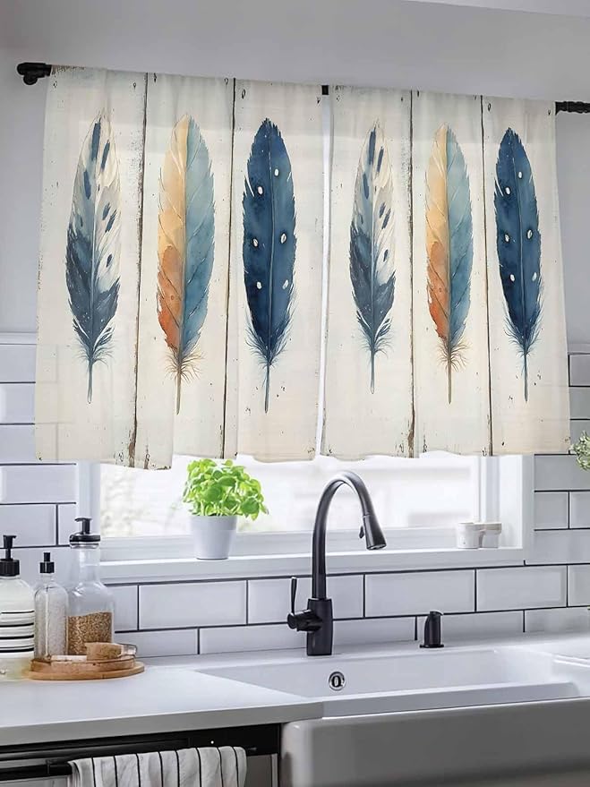 Sheer Curtains 45 Inch Length, Blue Brown Feathers Semi Sheer Curtains Light Filtering Window Treatment, Boho Ombre Vintage Wooden Grain Privacy Voile Drapes for Living Room Bedroom 52x45 Inch