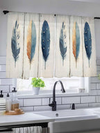 Sheer Curtains 45 Inch Length, Blue Brown Feathers Semi Sheer Curtains Light Filtering Window Treatment, Boho Ombre Vintage Wooden Grain Privacy Voile Drapes for Living Room Bedroom 52x45 Inch