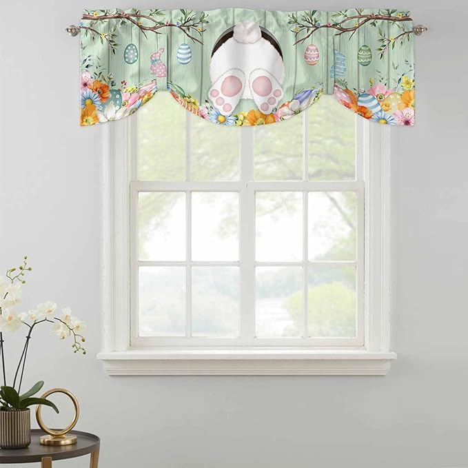 Easter Tie Up Valance Curtains for Windows, Kitchen Curtains Window Shades, Spring Watercolor Bunny Eggs Wooden Grain Green Light Filtering Roman Curtain Valances for Bedroom/Bathroom/Cafe 42"x12"