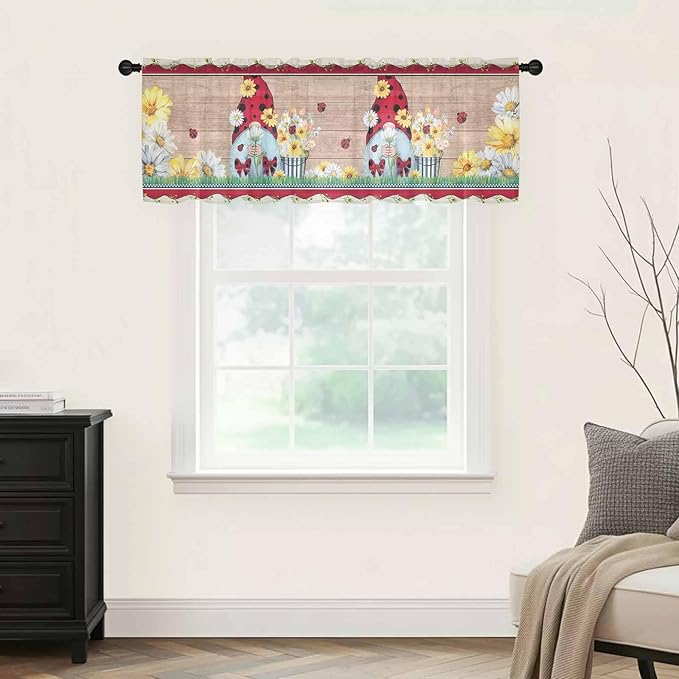 Ladybug Gnome Sheer Valance Curtains, Country Summer Rustic White Yellow Daisy Floral Wood Grain Light Filtering Kitchen Valances Rod Pocket Voile Curtain for Bedroom/Living Room/Basement 42Wx12L