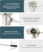 3-1/2 Inch Commercial Sink Drain with Lever Handle Kitchen Sink Opening Waste Drain Valve Stopper Prevents Sink Clogged Overflow for 1/2/3 Compartment Sink Style Drains