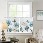 Blue Tulips Kitchen Curtains 24 Inch Length, Small Window Curtains Tab Top, Watercolor Flowers Butterfly Spring Farmhouse Blue Light Filtering Short Window Treatments Tier Drapes 27.5"x24" 2 Panel