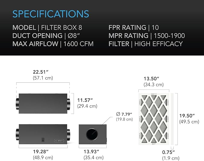 AC Infinity Inline Filter Box 8" with High Efficacy Filter, Whole House HVAC Filtration Kit, Fits 8-Inch Inline Duct Fans for Fresh Air Intake and Ventilation