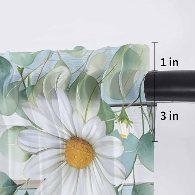 Daisy Eucalyptus Leaves Sheer Valance Curtains, Blue Wood Grain Spring Countryside Light Filtering Kitchen Valances Rod Pocket Voile Curtain Window Treatment for Bedroom/Living Room/Basement 42Wx12L