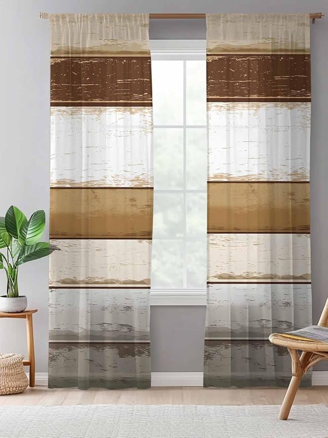 Sheer Curtains 108 Inches Long, Brown Wood Grain Semi Sheer Curtains Light Filtering Window Treatment, Vintage Country Geometric Striped Privacy Voile Drapes for Living Room Bedroom 52x108 Inch