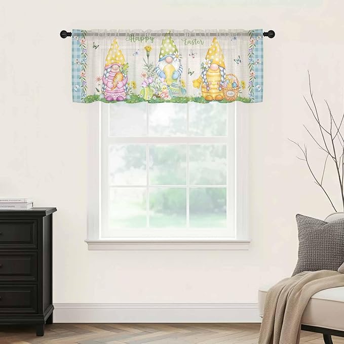 Easter Sheer Valances for Windows 60"x18", Light Filtering Kitchen Curtains Valance, Gnomes Colorful Eggs Butterfly Flowers Blue Check Rod Pocket Chiffon Curtains for Living Room Bedroom Cafe