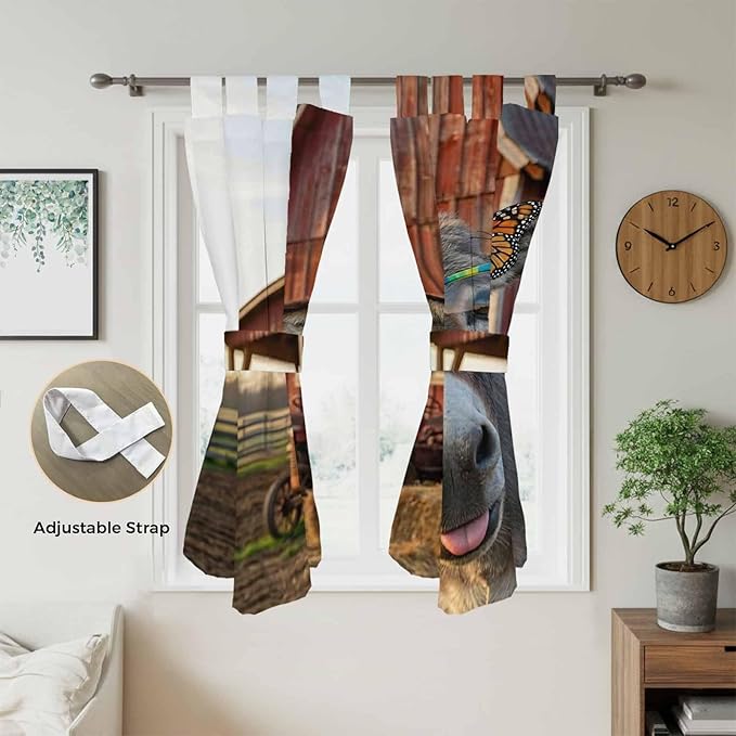 Farm Donkeys Bedroom Curtains 72 Inch Length, Window Curtains Tab Top, Farmhouse Barn Funny Animals Butterfly Light Filtering Window Treatments Drapes 52"x72" 2 Panel