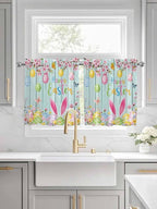 Happy Easter Half Window Curtain 36 Inches Long, Spring Bunny Eggs Flower Teal Wood Grain Window Treatment Curtain Drapes, Small Tier Curtains for Bathroom Over Sink, 27.5"x36", 2 Panels