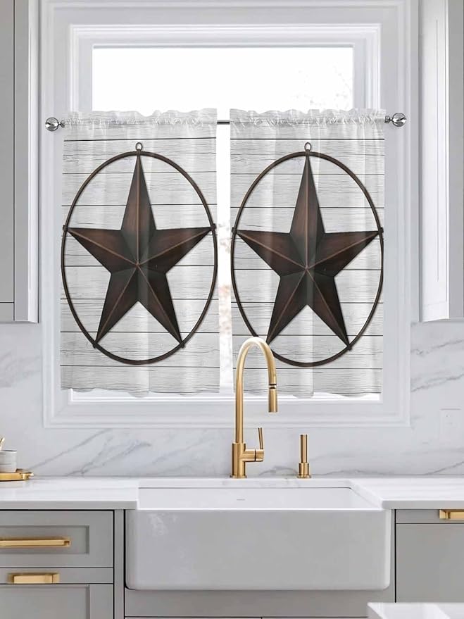 Vintage Farm Western Star Window Valance Curtains, White Wood Grain Light Filtering Kitchen Valance with 3-inch Rod Pocket for Living Room Bathroom Bedroom,2 Panel,42x45In