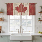 Canada Tier Curtains, Red Maple Leaf Flag Vintage Farmhouse Wooden Grain Light Filtering Kitchen Curtains, 2Pcs Rod Pocket Half Window Treatments Panels for Sink Cafe Cabinet Camper 27.5x24 Inches
