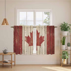 Canada Tier Curtains, Red Maple Leaf Flag Vintage Farmhouse Wooden Grain Light Filtering Kitchen Curtains, 2Pcs Rod Pocket Half Window Treatments Panels for Sink Cafe Cabinet Basement 27.5x45 Inches