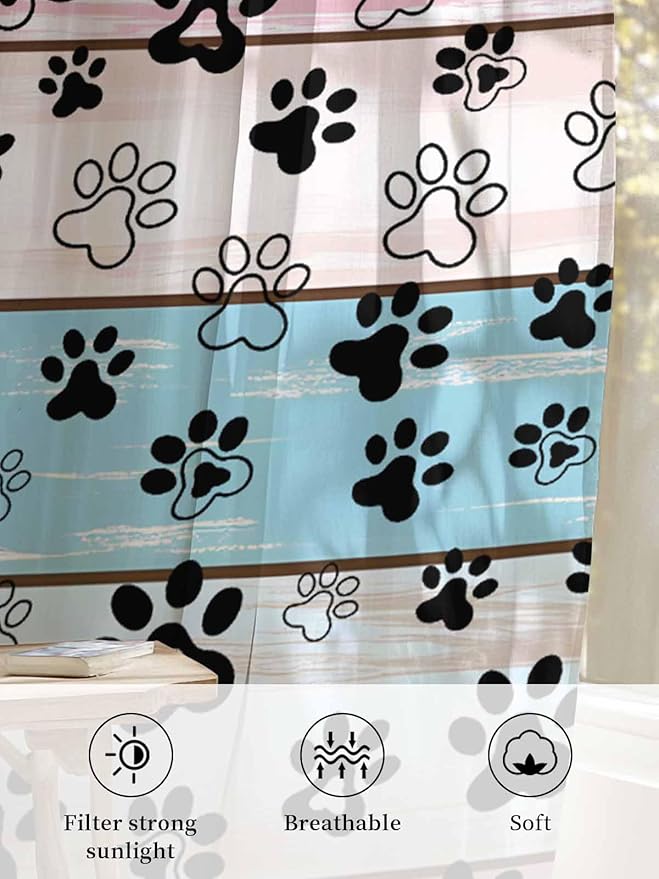 Sheer Curtains 96 Inches Long, Blue Pink Dog Paws Prints Semi Sheer Curtains Light Filtering Window Treatment, Farmhouse Beige Wood Privacy Voile Drapes for Living Room Bedroom 52x96 Inch