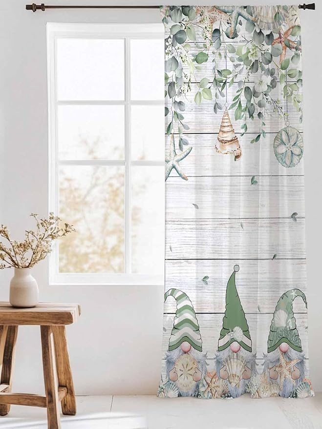 Sheer Curtains 108 Inches Long, Coastal Eucalyptus Leaf Semi Sheer Curtains Light Filtering Window Treatment, Sage Green Gnomes Starfish Privacy Voile Drapes for Living Room Bedroom 52x108 Inch