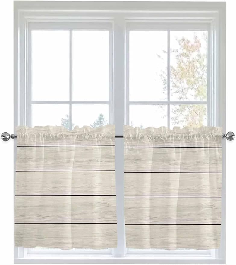 Vintage Country Wooden Board Window Valance Curtains, Gradient Wood Grain Line Light Filtering Kitchen Valance with 3-inch Rod Pocket for Living Room Bathroom Bedroom,2 Panel,27.5x24In