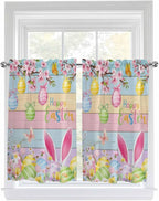 Colorful Easter Kitchen Curtains 54 Inches length, Spring Watercolor Bunny Egg Flower Wood Grain Window Treatment Curtain Drapes, Decorative Window Curtains for Bedroom Cafe, 52"x54", 2 Panels