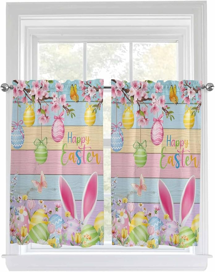 Colorful Easter Kitchen Curtains 54 Inches length, Spring Watercolor Bunny Egg Flower Wood Grain Window Treatment Curtain Drapes, Decorative Window Curtains for Bedroom Cafe, 52"x54", 2 Panels