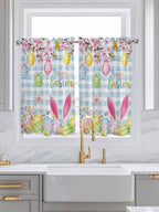 Happy Easter Kitchen Curtains 54 Inches length, Spring Watercolor Bunny Eggs Flower Blue Plaid Window Treatment Curtain Drapes, Decorative Window Curtains for Bedroom Cafe, 52"x54", 2 Panels