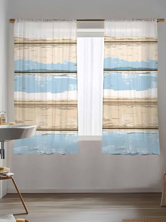 Sheer Curtains 72 Inches Long, Vintage Geometric Blue Semi Sheer Curtains Light Filtering Window Treatment, Abstract Country Shabby Wood Grain Privacy Voile Drapes for Living Room Bedroom 52x72 Inch