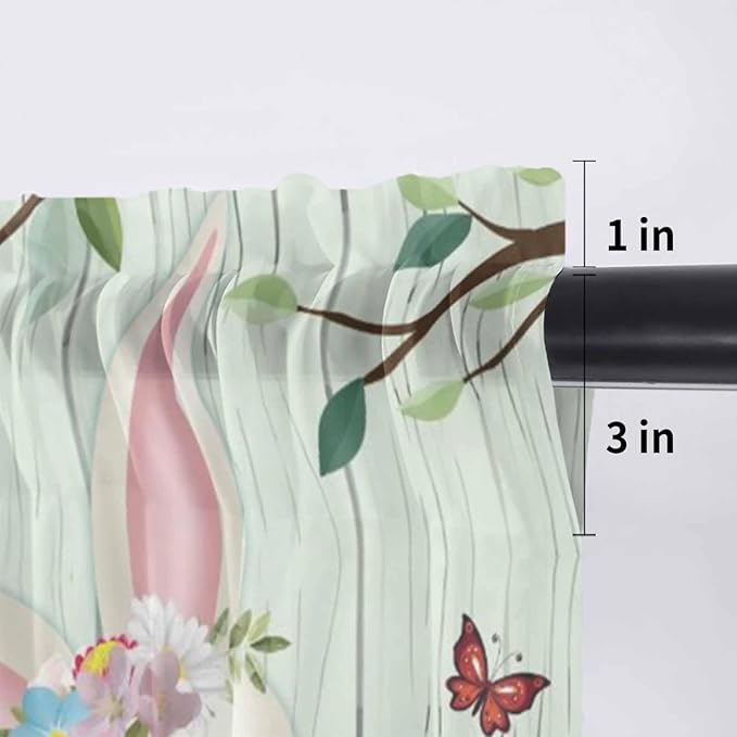 Easter Sheer Valances for Windows 42"x18", Light Filtering Kitchen Curtains Valance, Spring Watercolor Bunny Eggs Tulip Wooden Grain Teal Rod Pocket Chiffon Curtains for Living Room Bedroom Cafe
