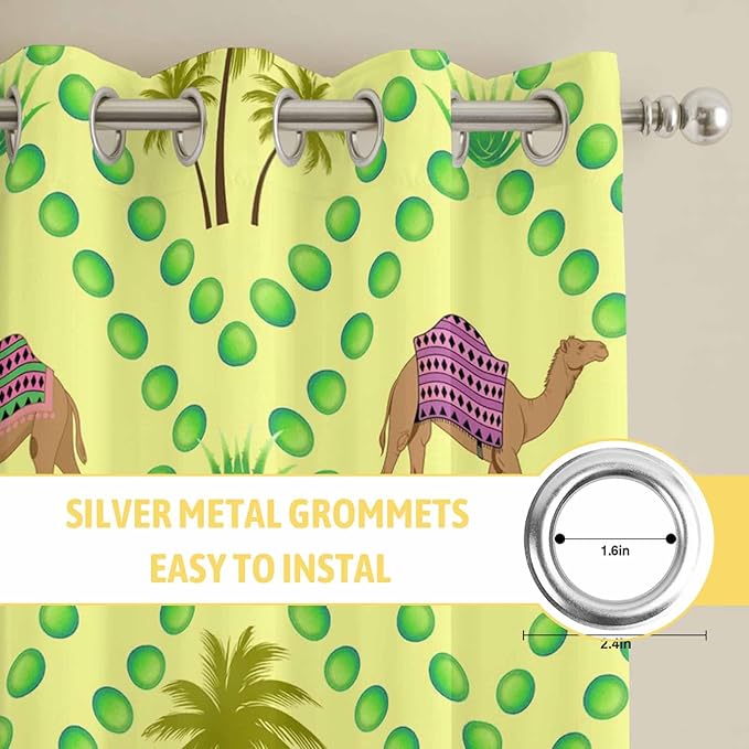 2 Panel Kitchen Cafe Curtains, Desert Sand Camels Sunlight Filtering Nature Air Through, Window Decor Tier Curtains for Living Room 104W x 84L inch Palm Trees Tropical Plants Polka Dot Yellow