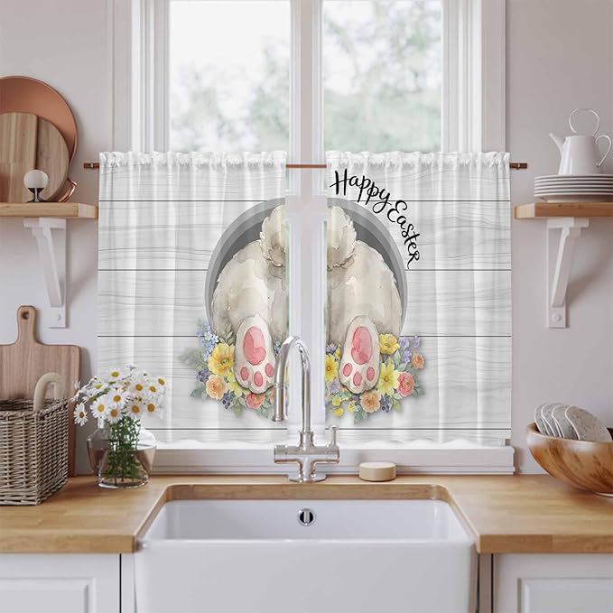 Easter Bunny Kitchen Curtains 45 Inch Long 2 Panel Set, Rod Pocket Window Treatment, 3D Optical Illusion Farmhouse Flower Wood Grain Light Filtering Panels Short Drapes for Bathroom Camper 42"W x 45"L
