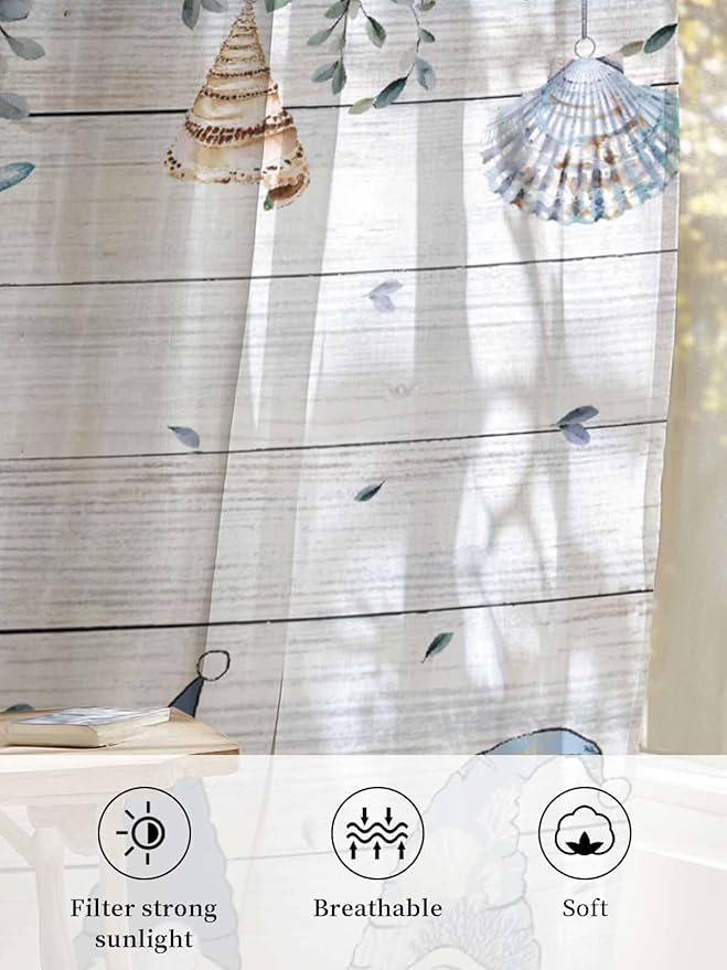Sheer Curtains 45 Inch Length, Coastal Eucalyptus Leaf Semi Sheer Curtains Light Filtering Window Treatment, Ocean Blue Gnomes Starfish Wood Grain Privacy Voile Drapes for Living Room 52x45 Inch