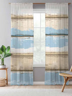 Sheer Curtains 108 Inches Long, Vintage Geometric Blue Semi Sheer Curtains Light Filtering Window Treatment, Abstract Country Shabby Wood Grain Privacy Voile Drapes for Living Room Bedroom 52x108 Inch
