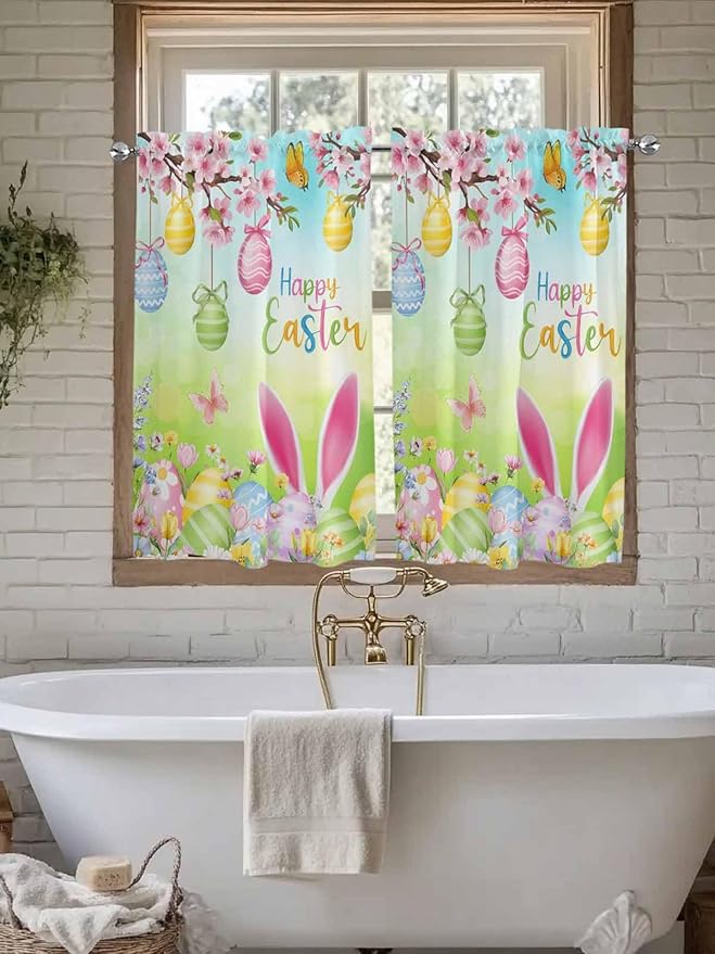 Easter Kitchen Curtains 54 Inches length, Spring Bunny Colorful Rabbit Eggs Butterfly Blue Green Window Treatment Curtain Drapes, Thermal Insulated Drapes for Basement Hotel RV, 42"x54", 2 Panels