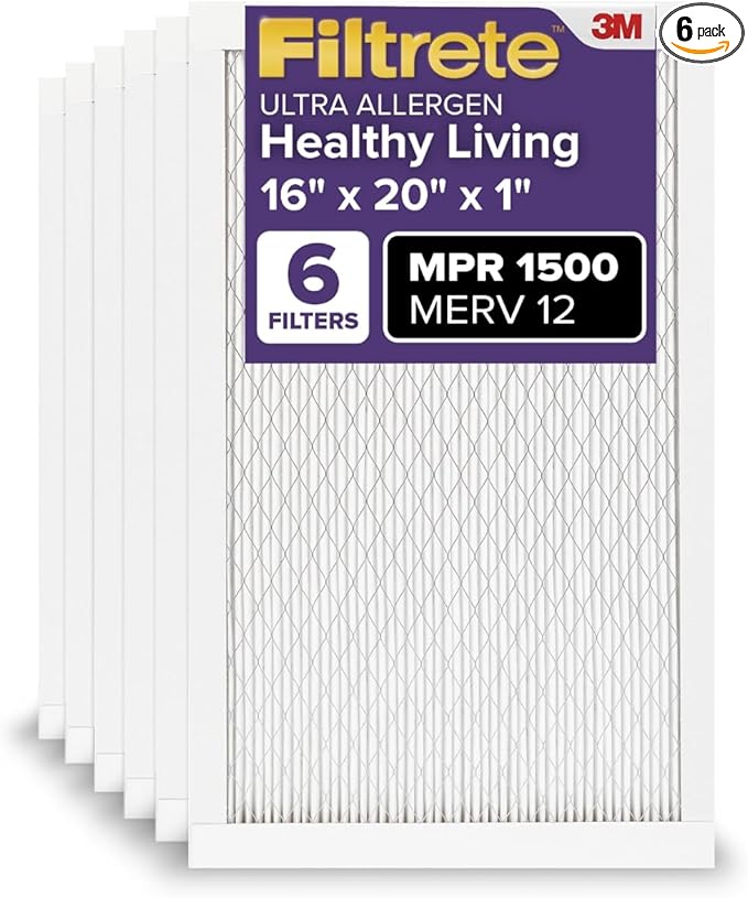 Filtrete 16x20x1 AC Furnace Air Filter, MERV 12, MPR 1500, CERTIFIED asthma & allergy friendly, 3 Month Pleated 1-Inch Electrostatic Air Cleaning Filter, 6-Pack (Actual Size 15.69x19.69x0.78 in)