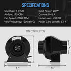 iPower 4 Inch 195 CFM Inline Fan Vent Blower, Upgrade Air Carbon Filter, 8 Feet Aluminum Ducting and Rope Hanger, Combo for Grow Tent Ventilation