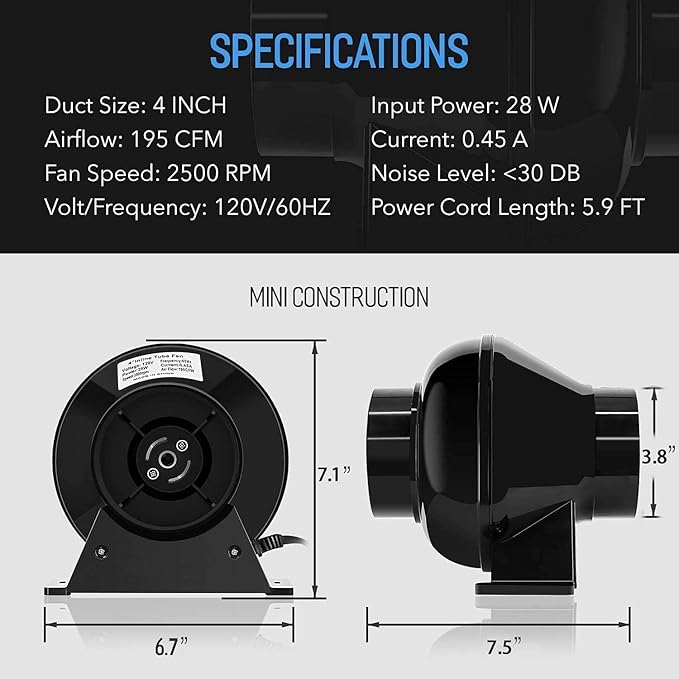 iPower 4 Inch 195 CFM Inline Fan Vent Blower, Upgrade Air Carbon Filter, 8 Feet Aluminum Ducting and Rope Hanger, Combo for Grow Tent Ventilation