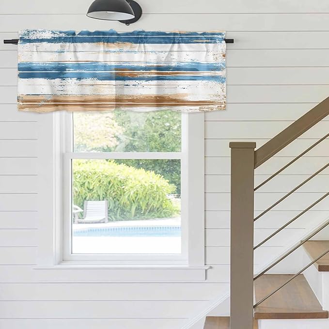 Vintage Blue Valances for Windows, Brown Wood Grain Mottled Texture Abstract Art Kitchen Valance Light Filtering Rod Pocket Short Curtains for Kitchen Bathroom, 1 Panel, 56"x16"
