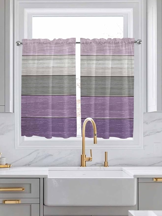 Country Wood Board Gray Purple Window Valance Curtains, Farmhouse Gradient Plank Light Filtering Kitchen Valance with 3-inch Rod Pocket for Living Room Bathroom Bedroom,2 Panel,42x45In