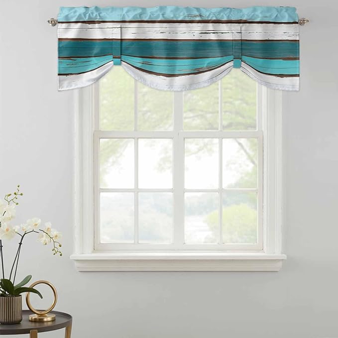 Turquoise Teal Tie Up Valance Curtains for Windows, Kitchen Curtains Window Shades, Farmhouse Retro Ombre Wooden Grain Light Filtering Roman Curtain Valances for Bedroom/Bathroom/Cafe 54"x18"