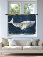 Sheer Curtains 45 Inch Length, Ocean Whale Blue Semi Sheer Curtains Light Filtering Window Treatment, Summer Sea Vintage Wooden Grain Privacy Voile Drapes for Living Room Bedroom 52x45 Inch