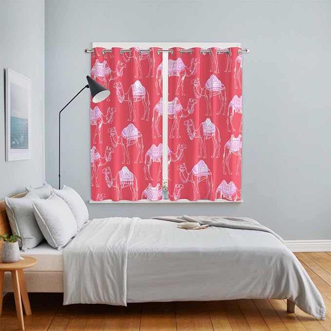 2 Panel Kitchen Cafe Curtains, Desert Camel Sunlight Filtering Nature Air Through, Home Decor Window Covering Tier Curtains for Living Room 80W x 63L inch Summer Sand Camel Animal Vintage Pink