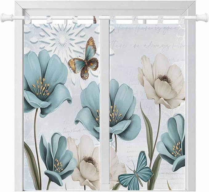 Blue Tulips Bedroom Curtains 72 Inch Length, Window Curtains Tab Top, Watercolor Flowers Butterfly Spring Farmhouse Blue Light Filtering Window Treatments Drapes 52"x72" 2 Panel
