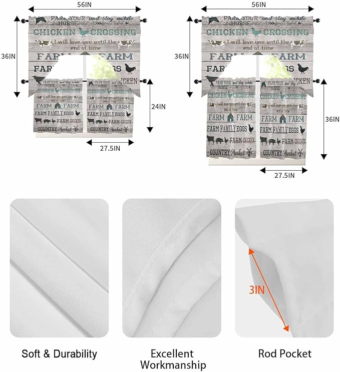 Farmhouse Swag Kitchen Curtains Valance and Tier Set, Green Black Barn Cow Pig Chicken Brown Wood Grain Light-Filtering Swag Valance 24 Inch Length, Rod Pocket Short Curtain for Bedroom Cafe